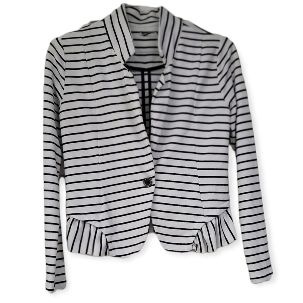 LE SHOP White/Black Stripe Ruffle Cotton Blazer‎ M
